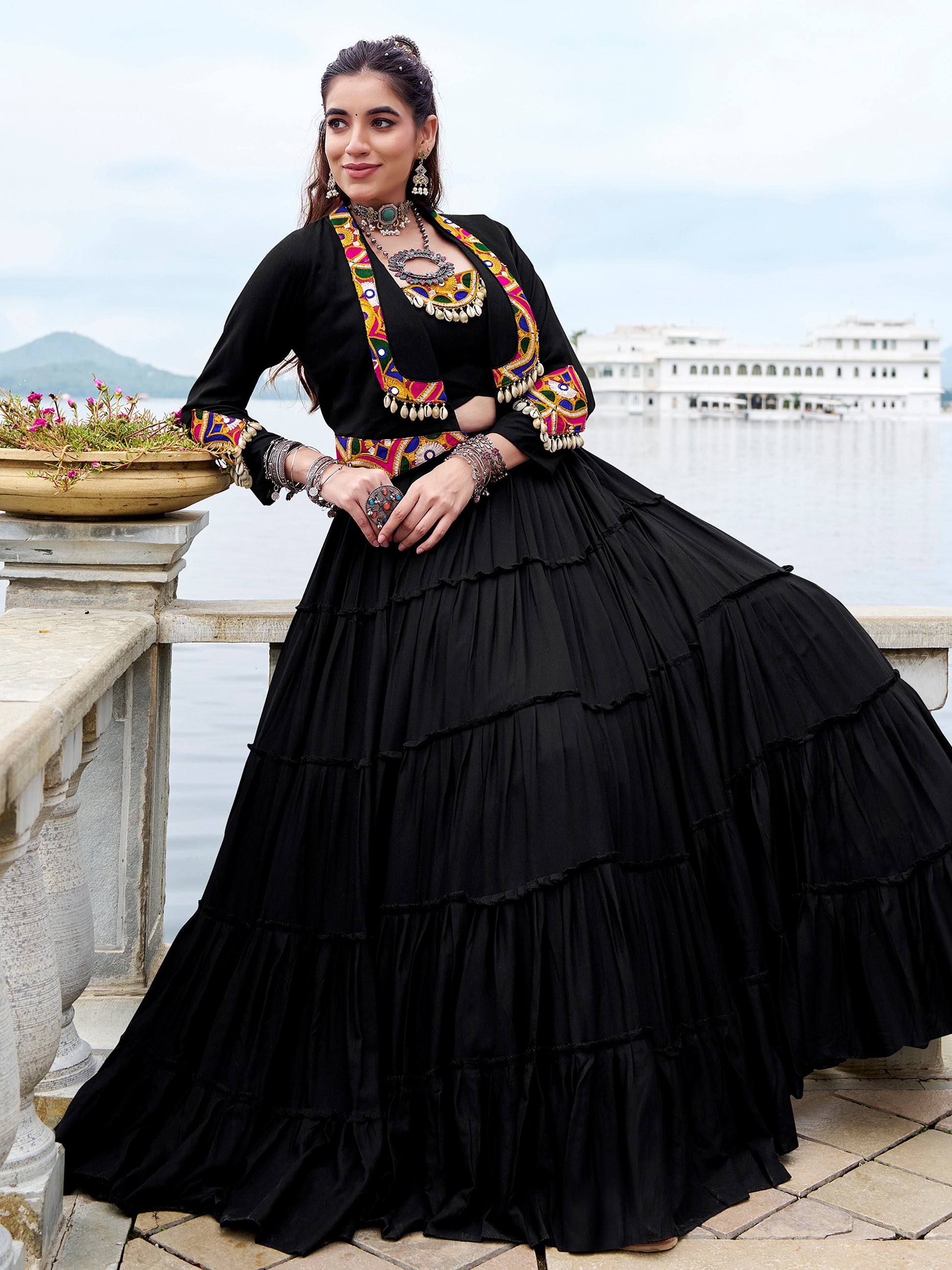 Dazzling Black Gamthi Work Rayon Navratri Wear  Lehenga Choli With Jacket