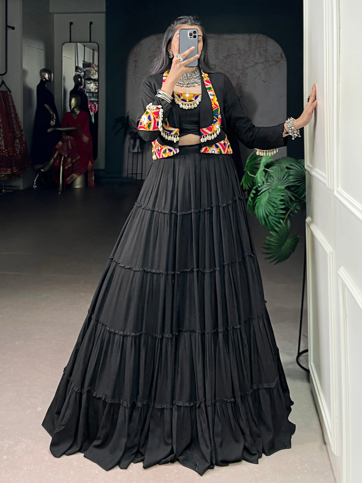Dramatic Black Gamthi Work Rayon Navratri Wear Lehenga Choli