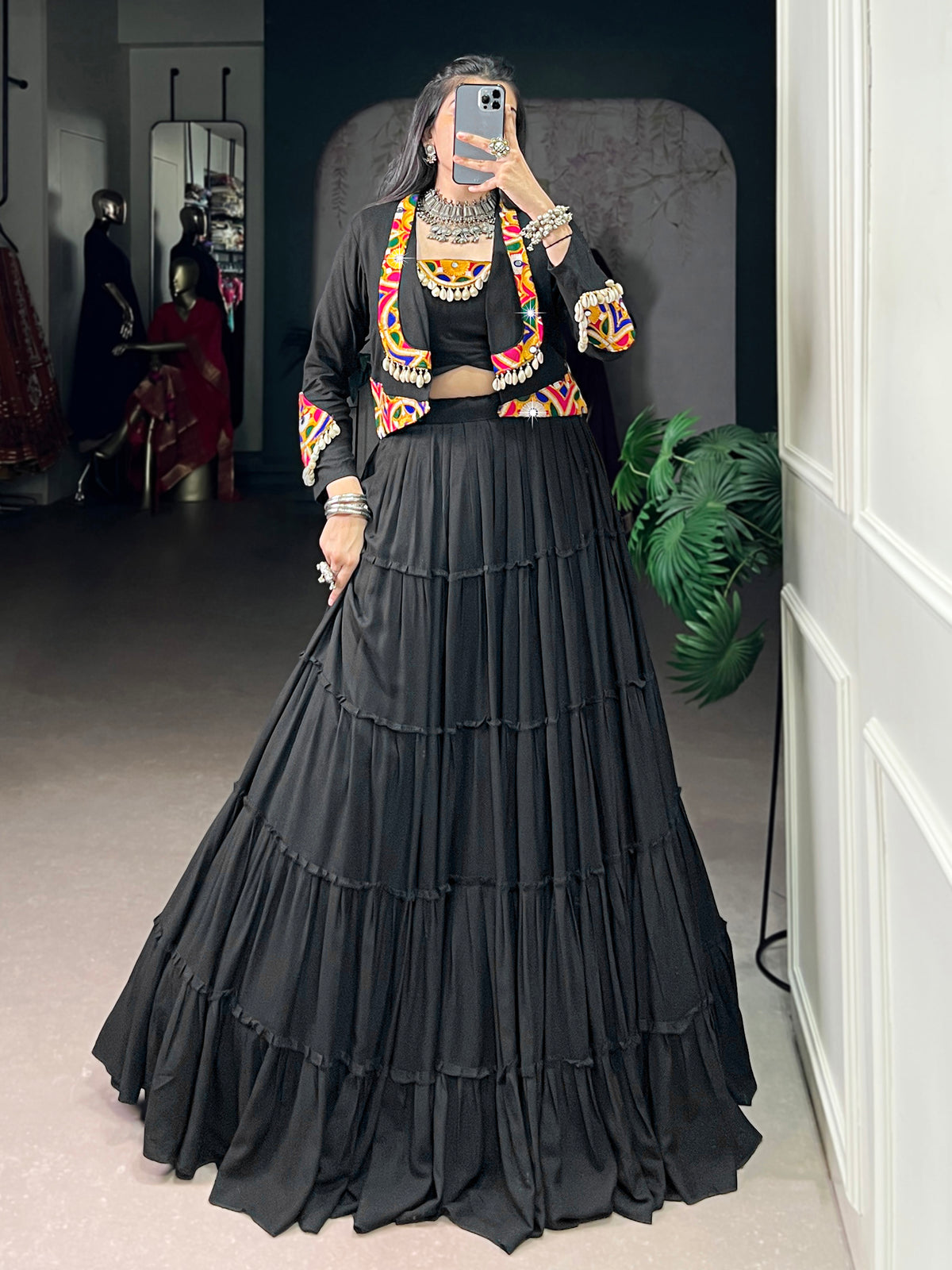 Dramatic Black Gamthi Work Rayon Navratri Wear Lehenga Choli