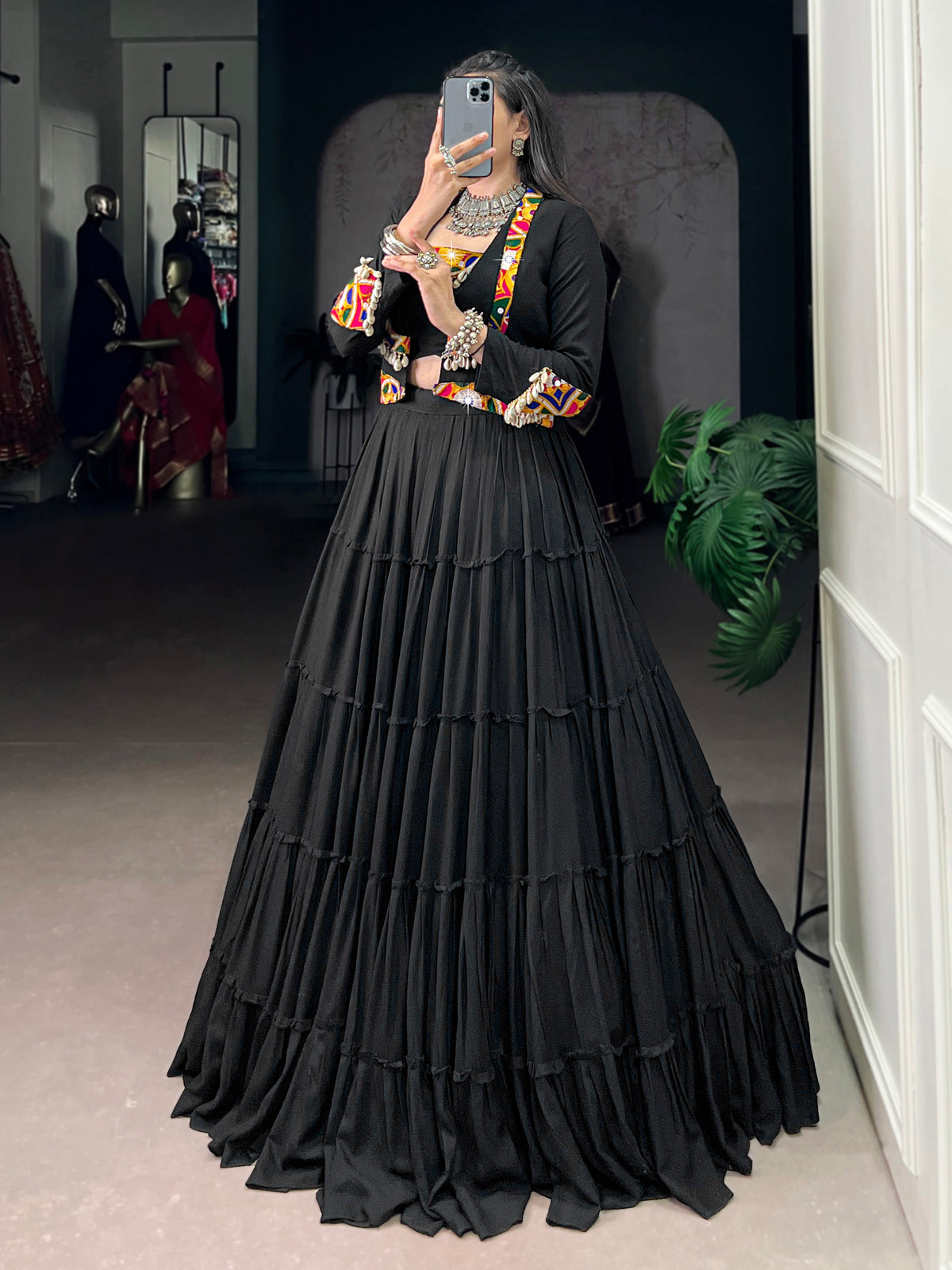 Dramatic Black Gamthi Work Rayon Navratri Wear Lehenga Choli