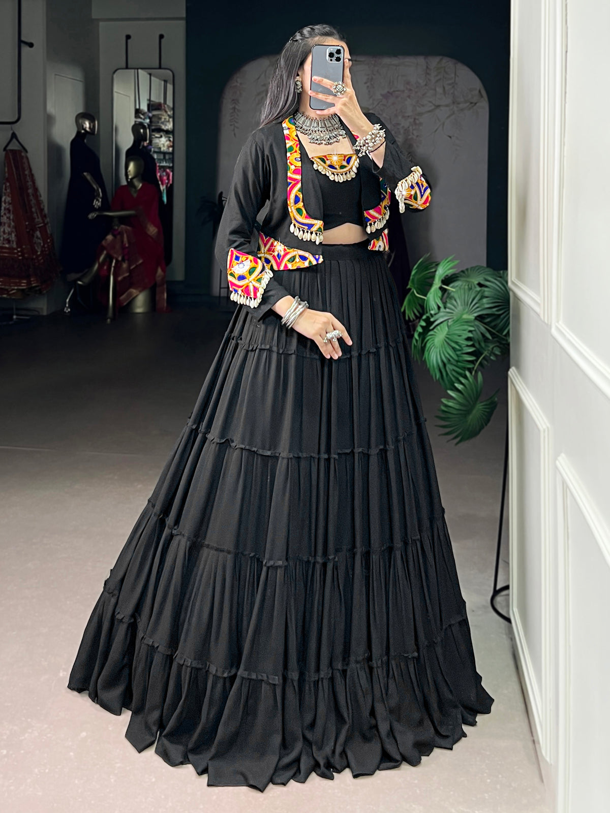 Dramatic Black Gamthi Work Rayon Navratri Wear Lehenga Choli