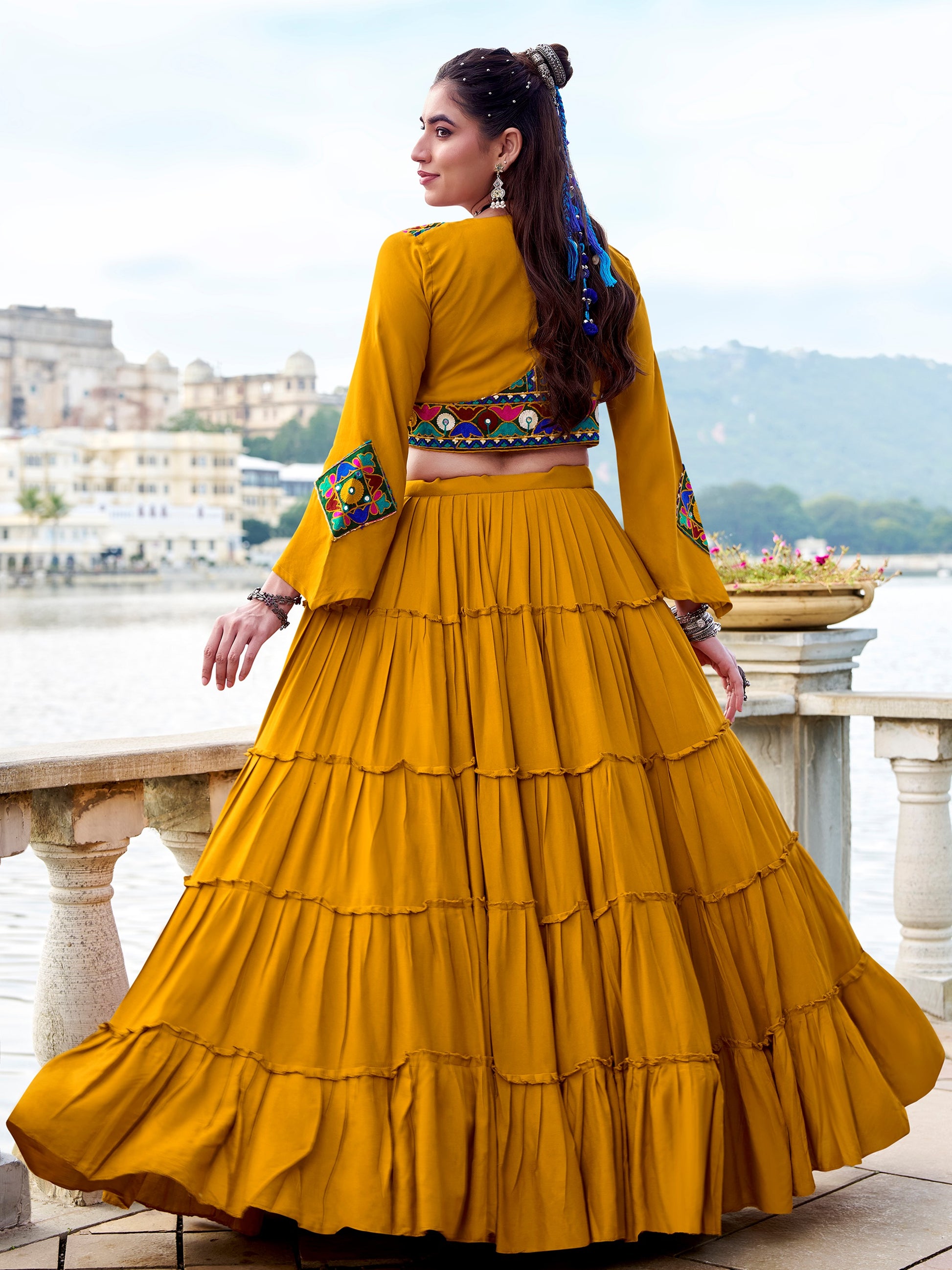 Great Yellow Mirror Work Rayon Navratri Wear Lehenga Choli With Jacket