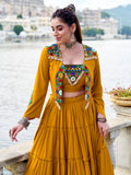 Great Yellow Mirror Work Rayon Navratri Wear Lehenga Choli With Jacket