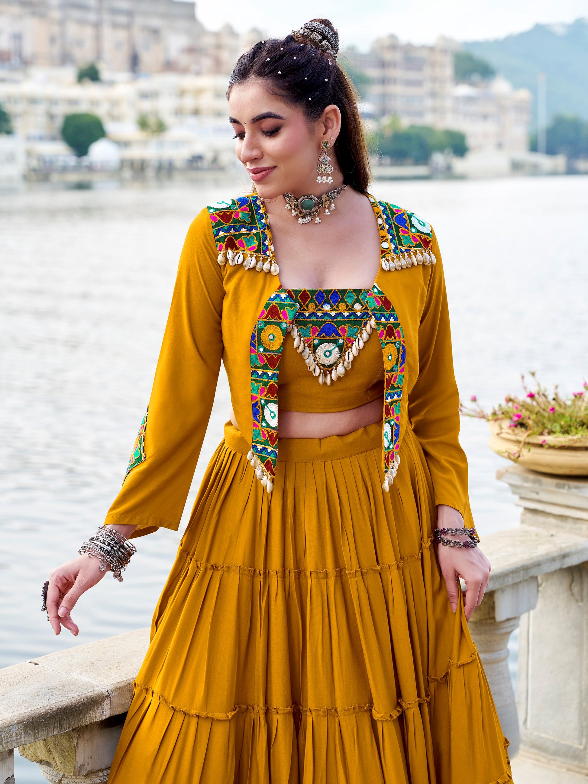 Great Yellow Mirror Work Rayon Navratri Wear Lehenga Choli With Jacket