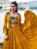 Great Yellow Mirror Work Rayon Navratri Wear Lehenga Choli With Jacket