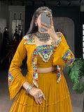 Rich Mustard Gamthi Work Rayon Navratri Wear Lehenga Choli With Jacket