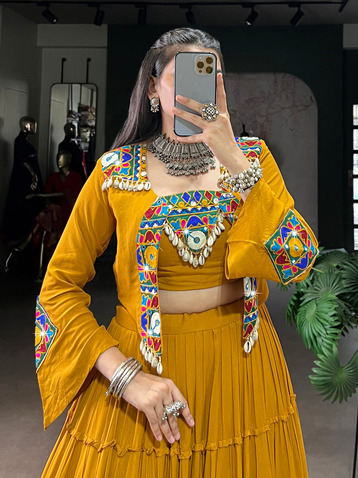 Rich Mustard Gamthi Work Rayon Navratri Wear Lehenga Choli With Jacket
