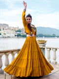 Great Yellow Mirror Work Rayon Navratri Wear Lehenga Choli With Jacket