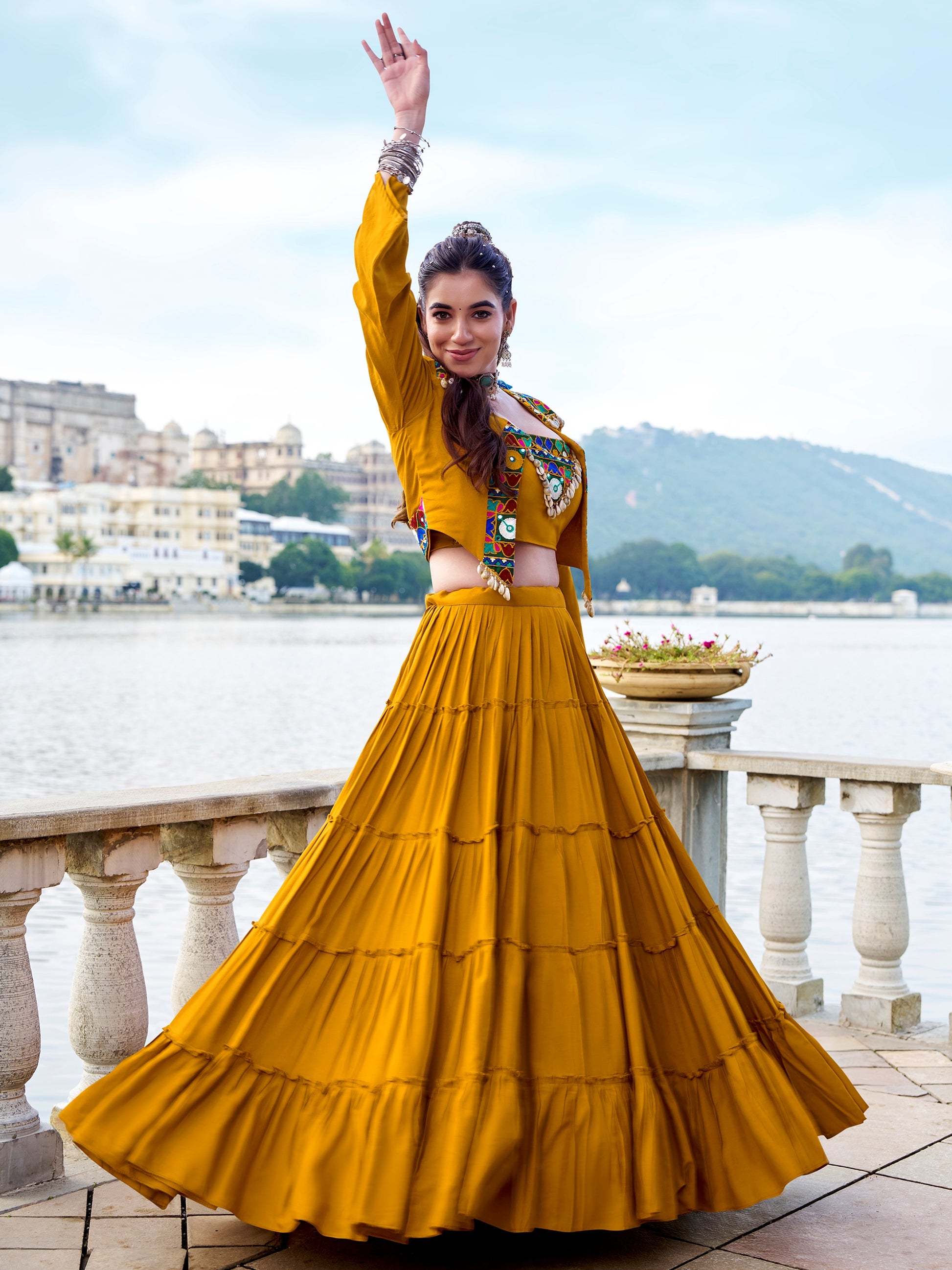 Great Yellow Mirror Work Rayon Navratri Wear Lehenga Choli With Jacket