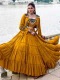 Great Yellow Mirror Work Rayon Navratri Wear Lehenga Choli With Jacket