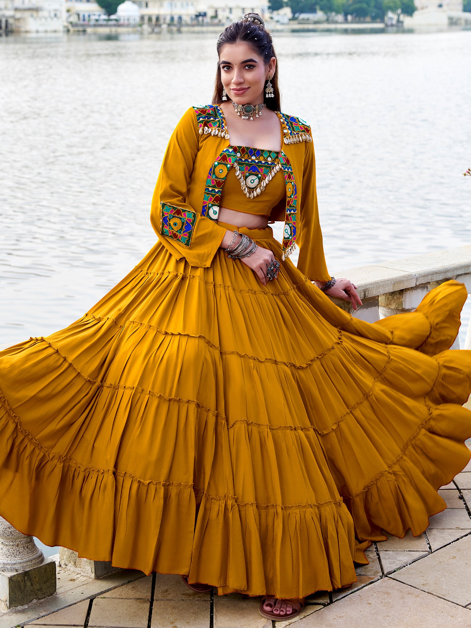 Great Yellow Mirror Work Rayon Navratri Wear Lehenga Choli With Jacket