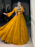 Rich Mustard Gamthi Work Rayon Navratri Wear Lehenga Choli With Jacket