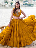 Great Yellow Mirror Work Rayon Navratri Wear Lehenga Choli With Jacket