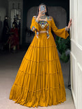 Rich Mustard Gamthi Work Rayon Navratri Wear Lehenga Choli With Jacket