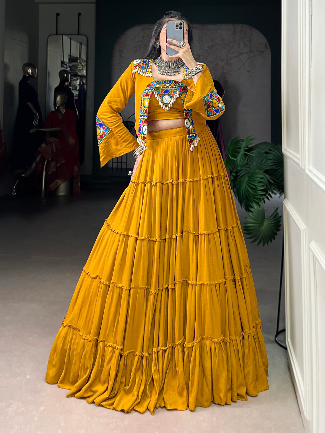 Rich Mustard Gamthi Work Rayon Navratri Wear Lehenga Choli With Jacket