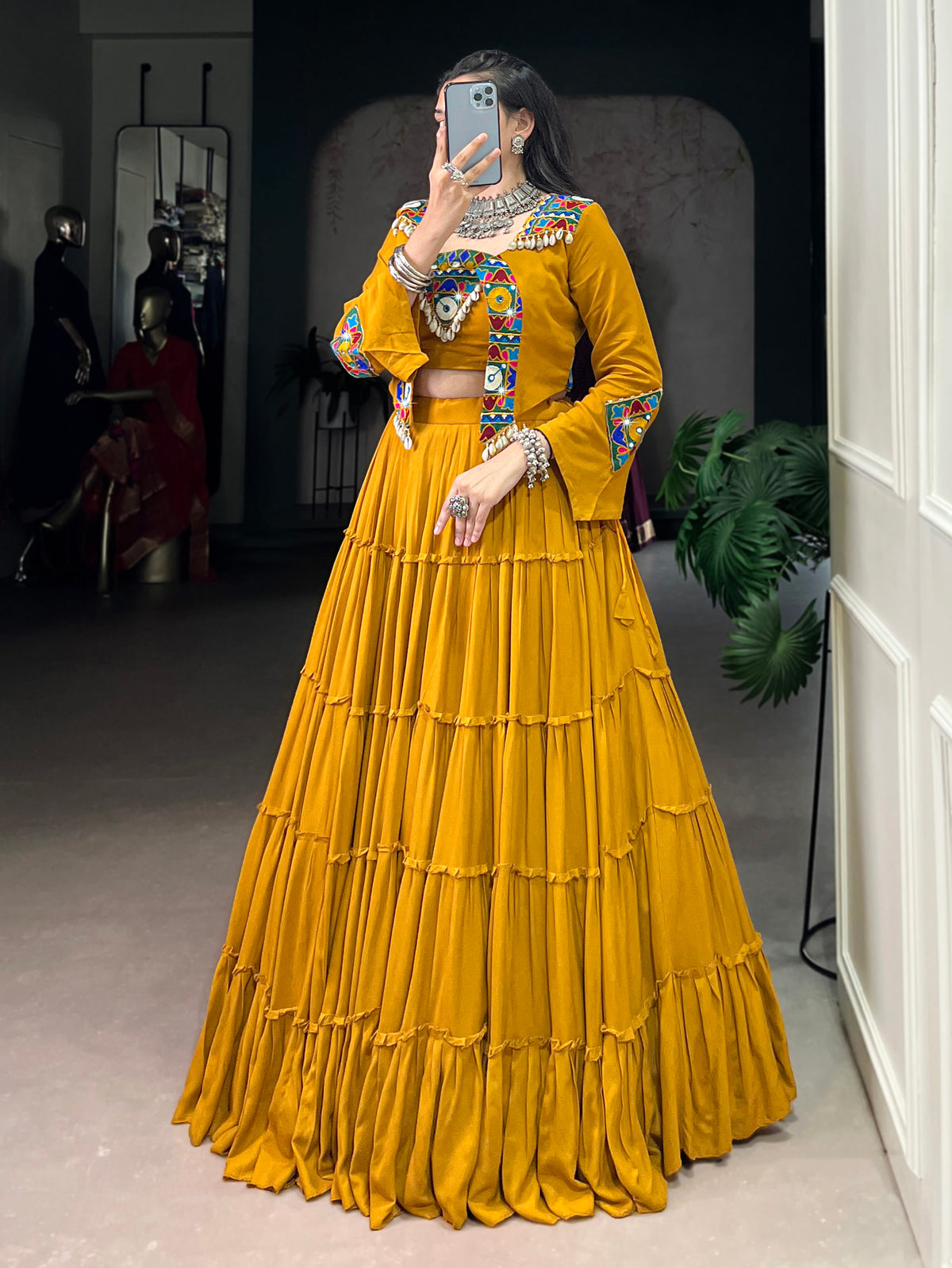 Rich Mustard Gamthi Work Rayon Navratri Wear Lehenga Choli With Jacket