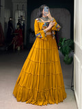 Rich Mustard Gamthi Work Rayon Navratri Wear Lehenga Choli With Jacket