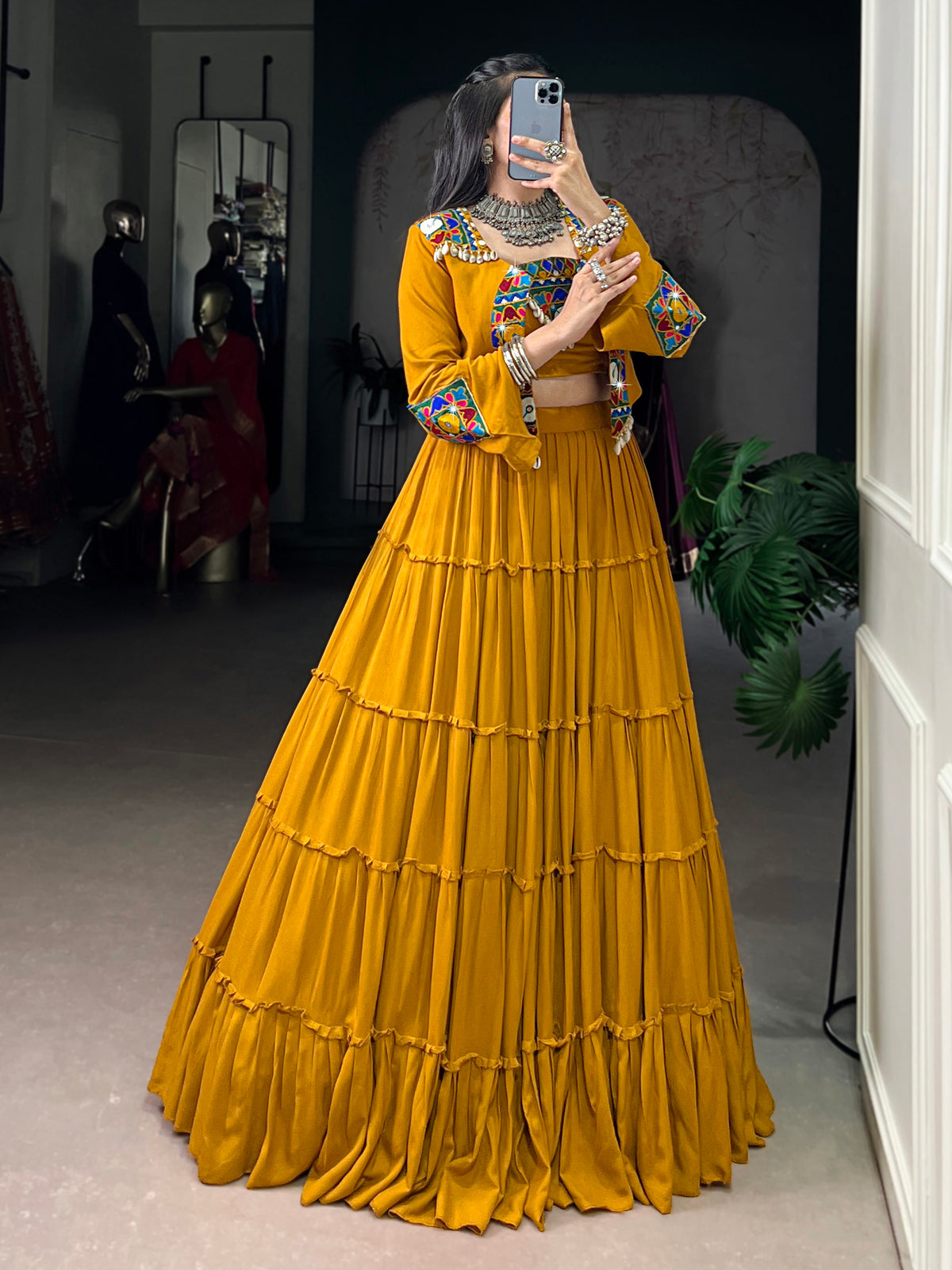 Rich Mustard Gamthi Work Rayon Navratri Wear Lehenga Choli With Jacket