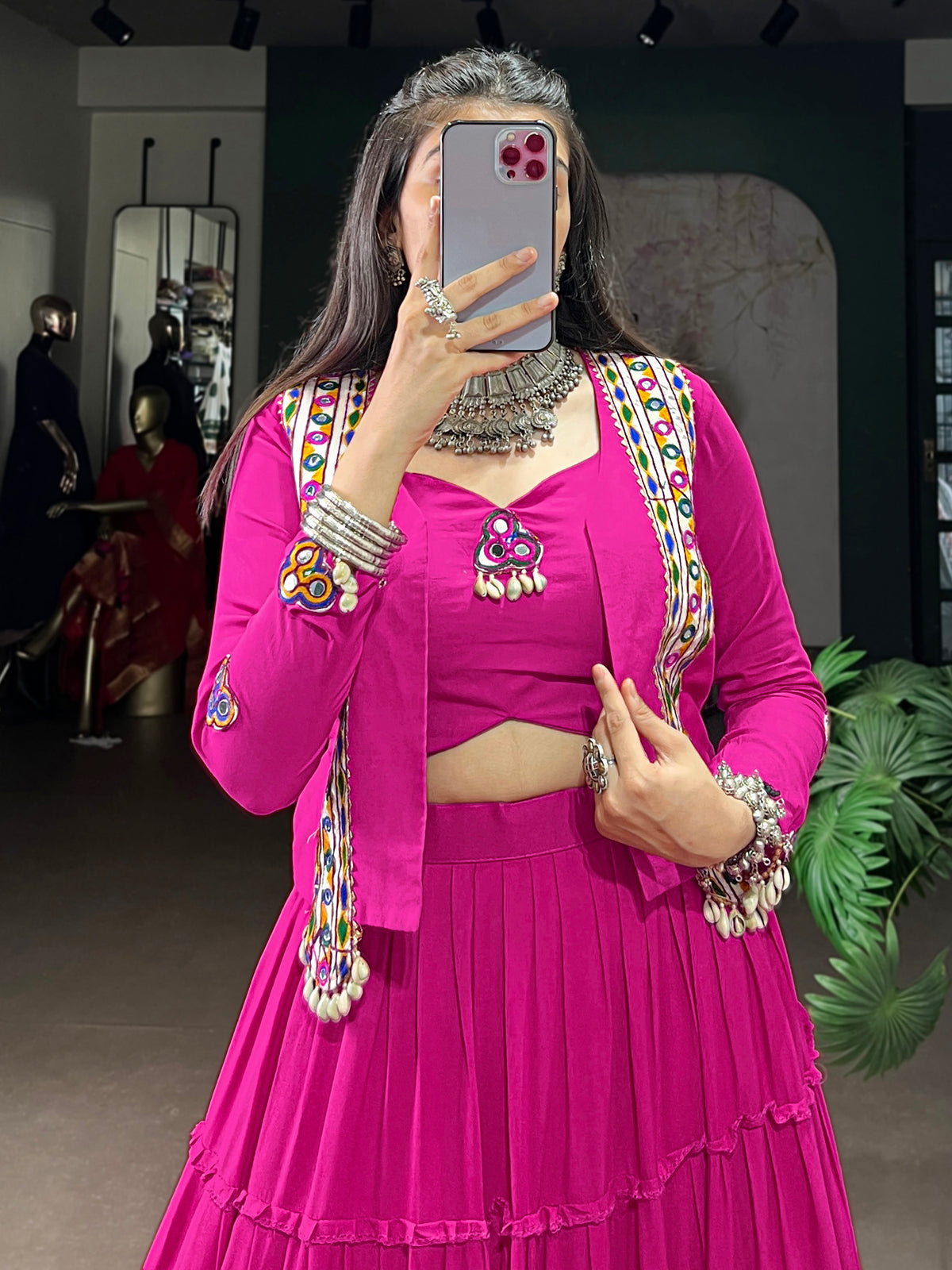 Superb Rani Pink Gamthi Work Rayon Navratri Wear Lehenga Choli