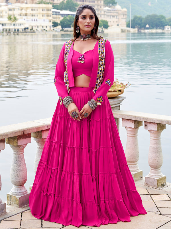 Pretty Rani Pink Gamthi Work Rayon Navratri Wear  Lehenga Choli With Jacket