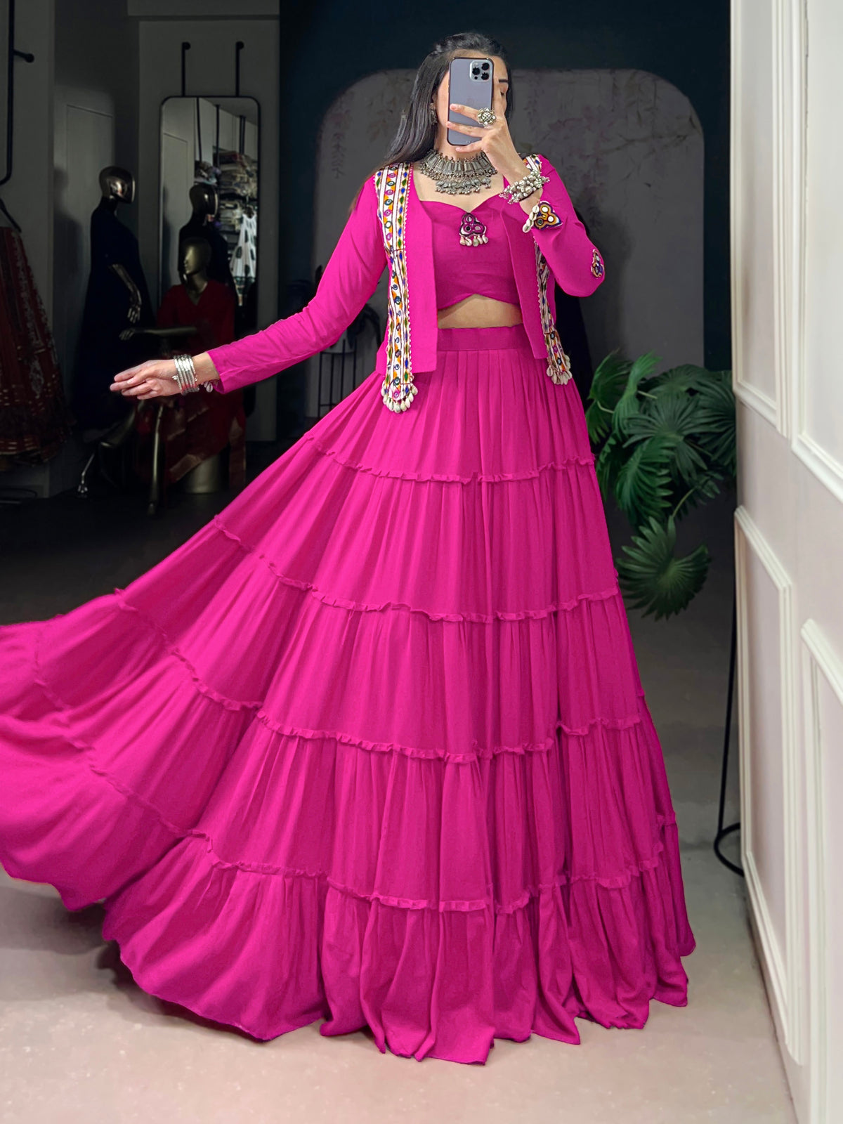 Superb Rani Pink Gamthi Work Rayon Navratri Wear Lehenga Choli