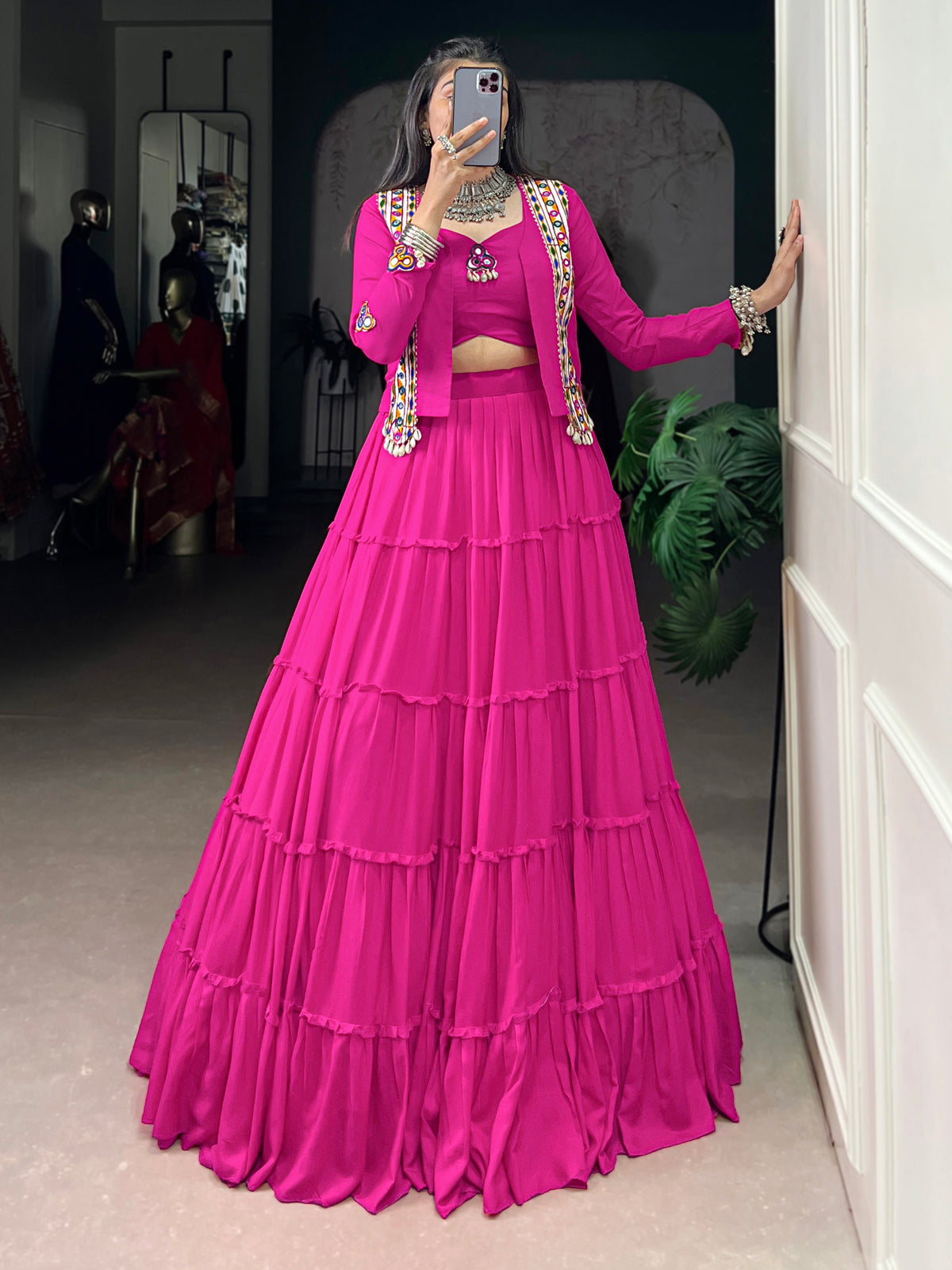 Superb Rani Pink Gamthi Work Rayon Navratri Wear Lehenga Choli