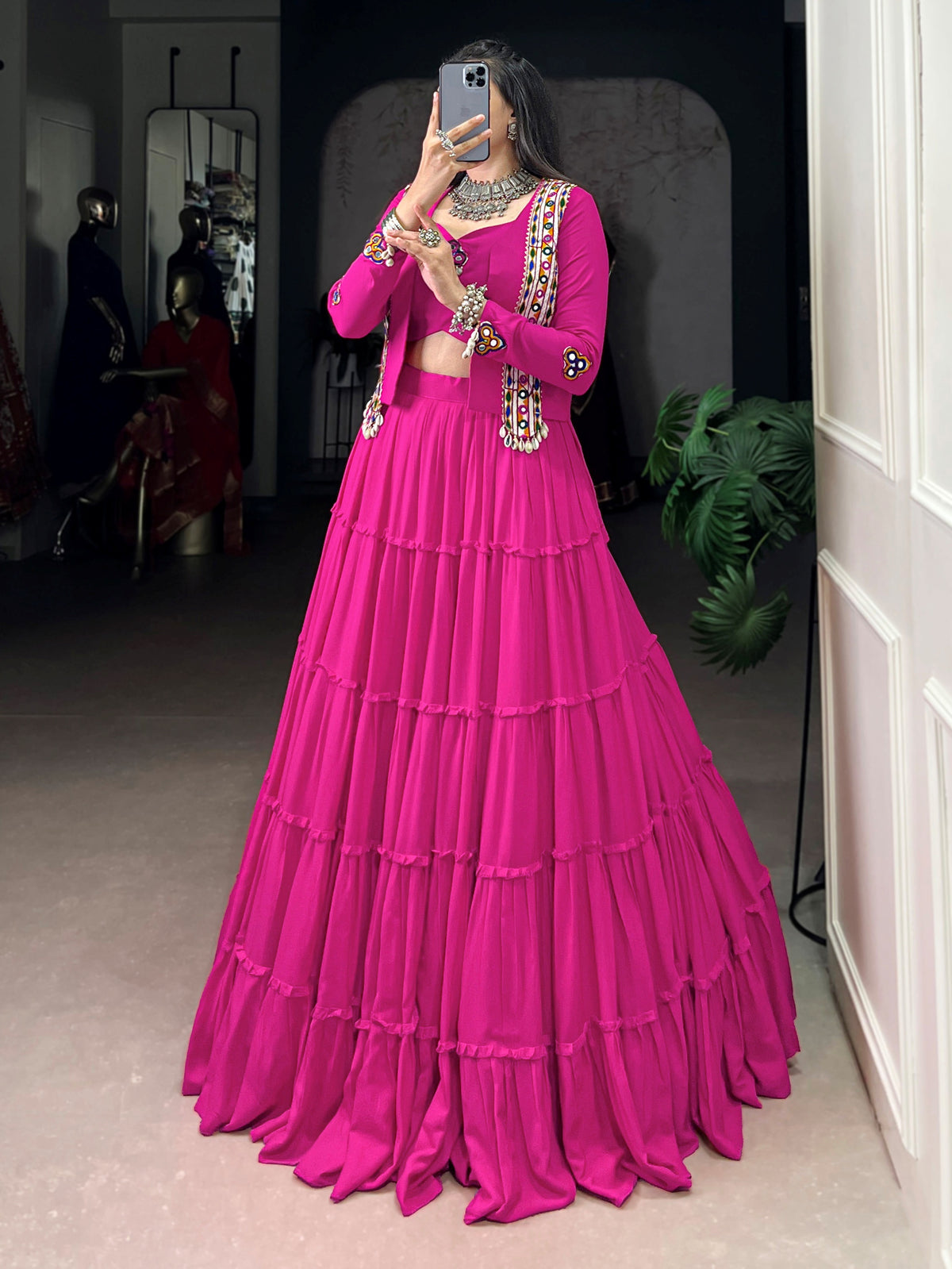 Superb Rani Pink Gamthi Work Rayon Navratri Wear Lehenga Choli