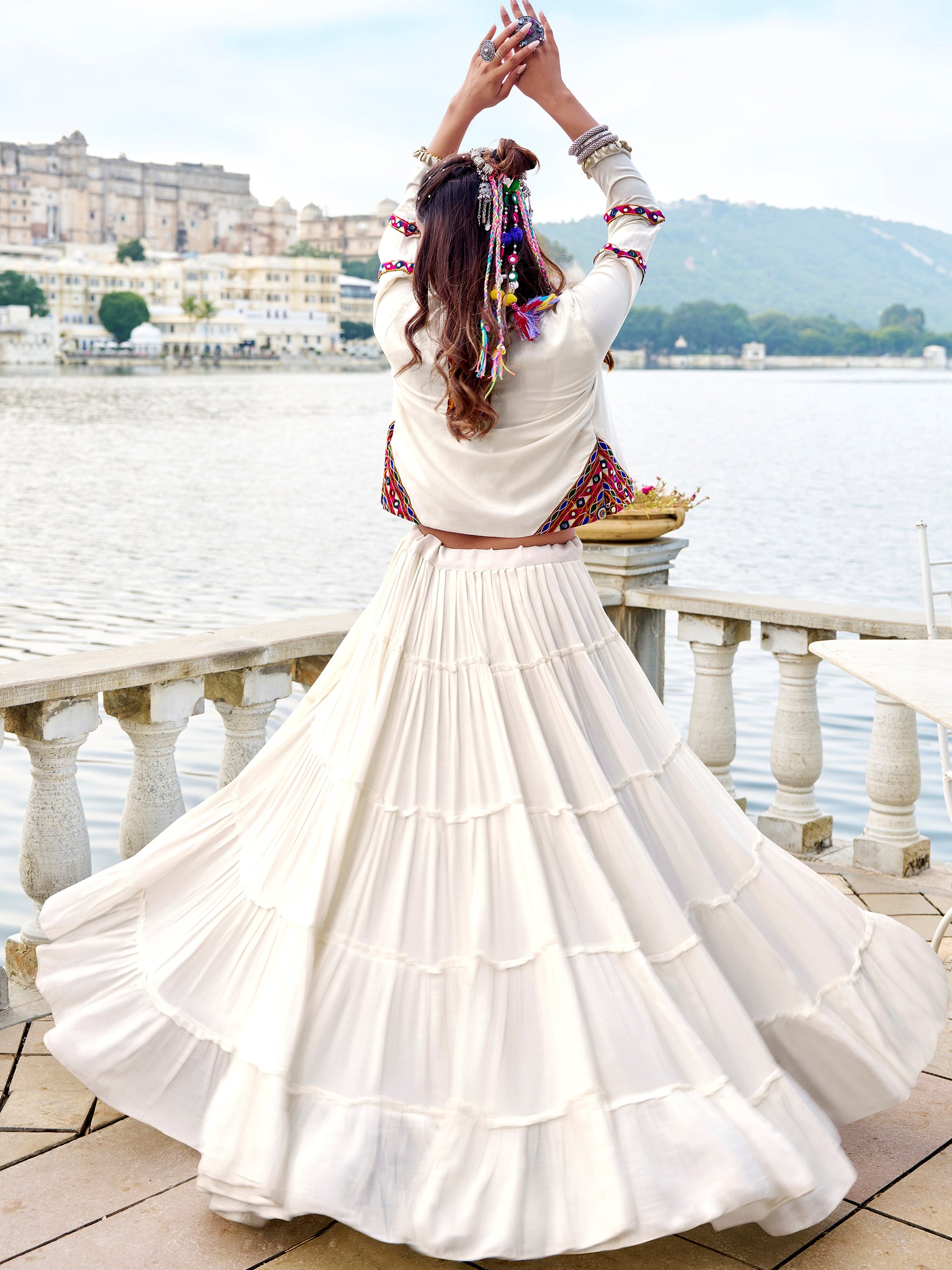 Awesome White Gamthi Work Rayon Navratri Wear  Lehenga Choli With Jacket