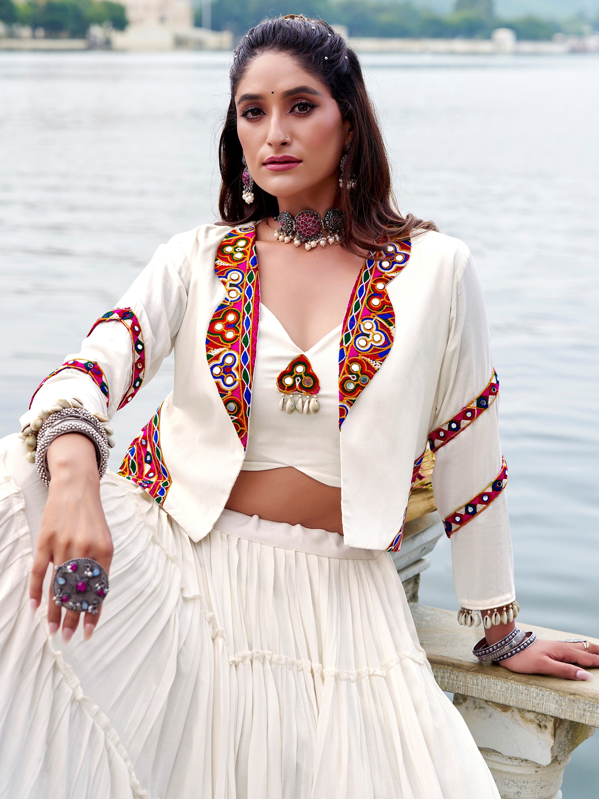 Awesome White Gamthi Work Rayon Navratri Wear  Lehenga Choli With Jacket