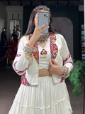 Great White Mirror Work Rayon Navratri Wear Lehenga Choli With Jacket