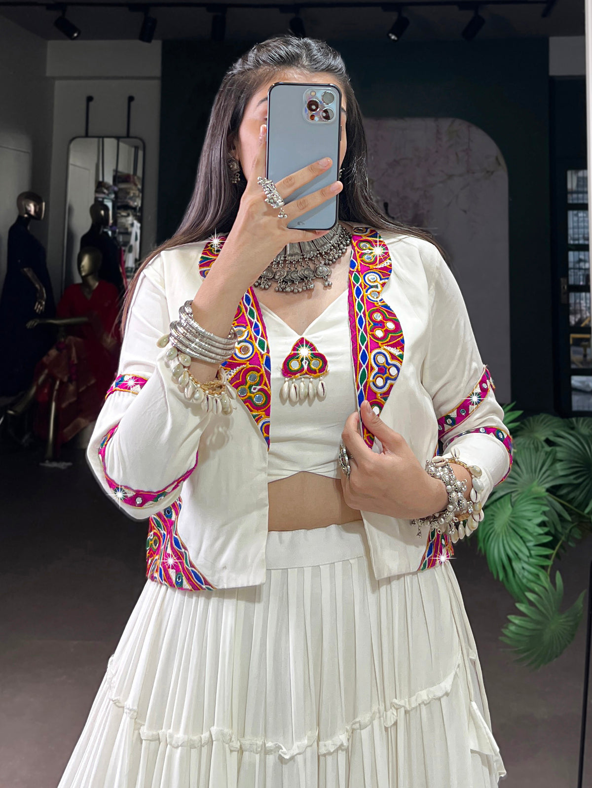 Great White Mirror Work Rayon Navratri Wear Lehenga Choli With Jacket