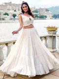Awesome White Gamthi Work Rayon Navratri Wear  Lehenga Choli With Jacket