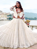 Awesome White Gamthi Work Rayon Navratri Wear  Lehenga Choli With Jacket