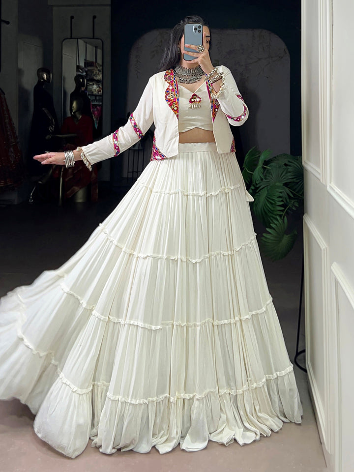 Great White Mirror Work Rayon Navratri Wear Lehenga Choli With Jacket