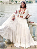 Awesome White Gamthi Work Rayon Navratri Wear  Lehenga Choli With Jacket