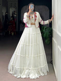 Great White Mirror Work Rayon Navratri Wear Lehenga Choli With Jacket