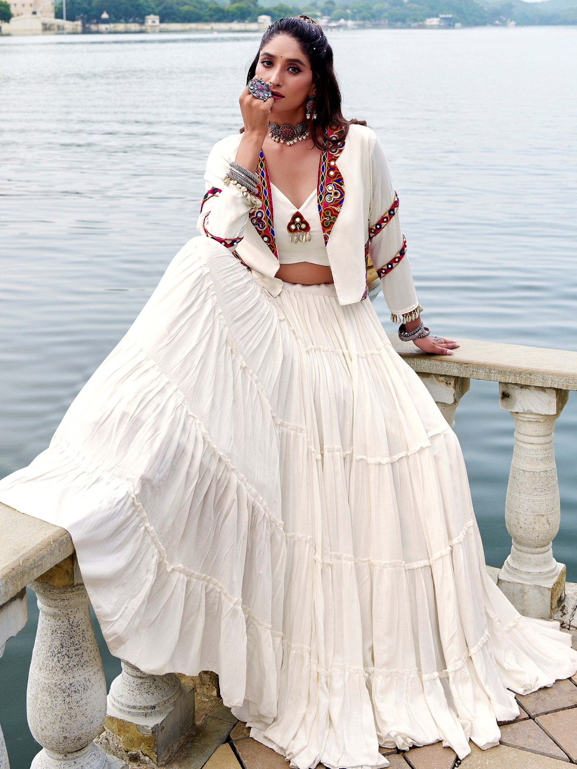 Awesome White Gamthi Work Rayon Navratri Wear  Lehenga Choli With Jacket