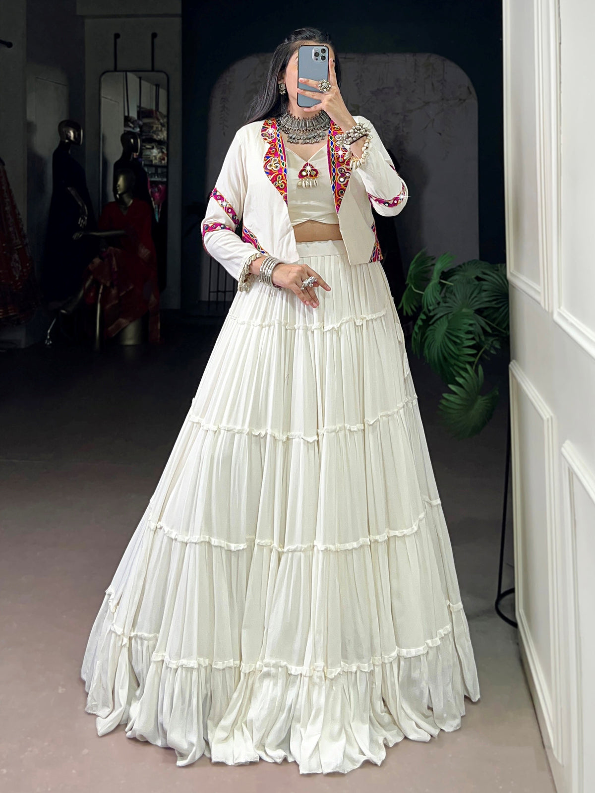 Great White Mirror Work Rayon Navratri Wear Lehenga Choli With Jacket