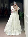 Great White Mirror Work Rayon Navratri Wear Lehenga Choli With Jacket