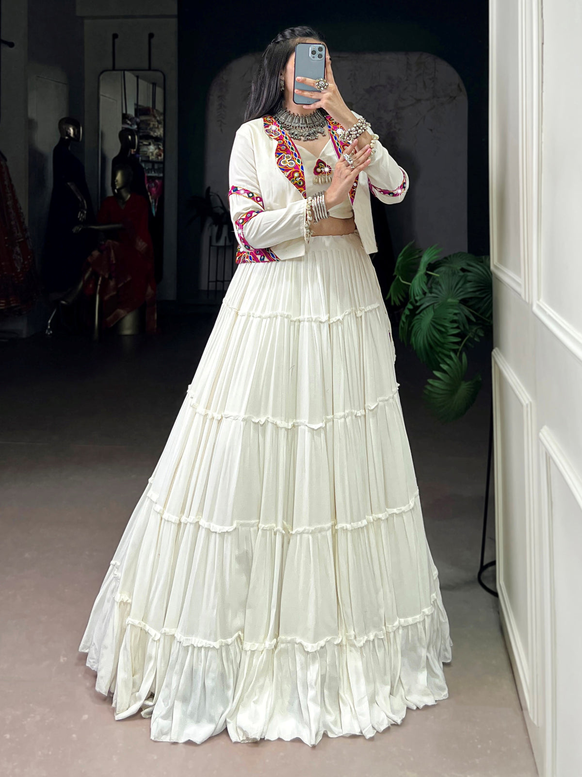 Great White Mirror Work Rayon Navratri Wear Lehenga Choli With Jacket