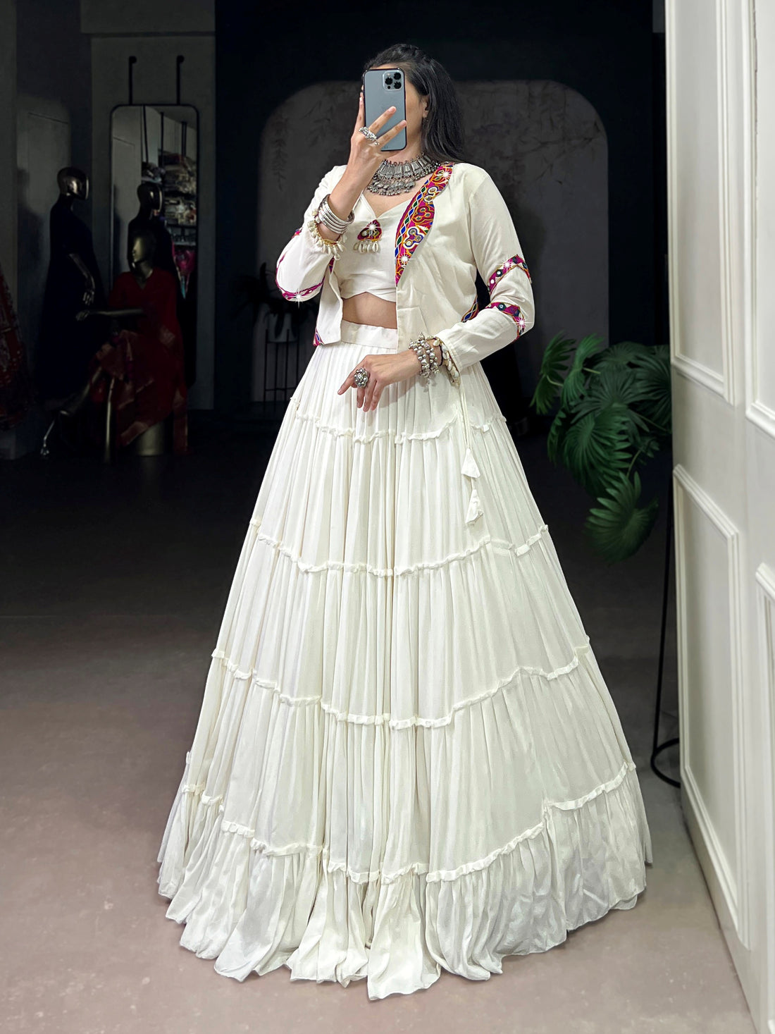 Great White Mirror Work Rayon Navratri Wear Lehenga Choli With Jacket