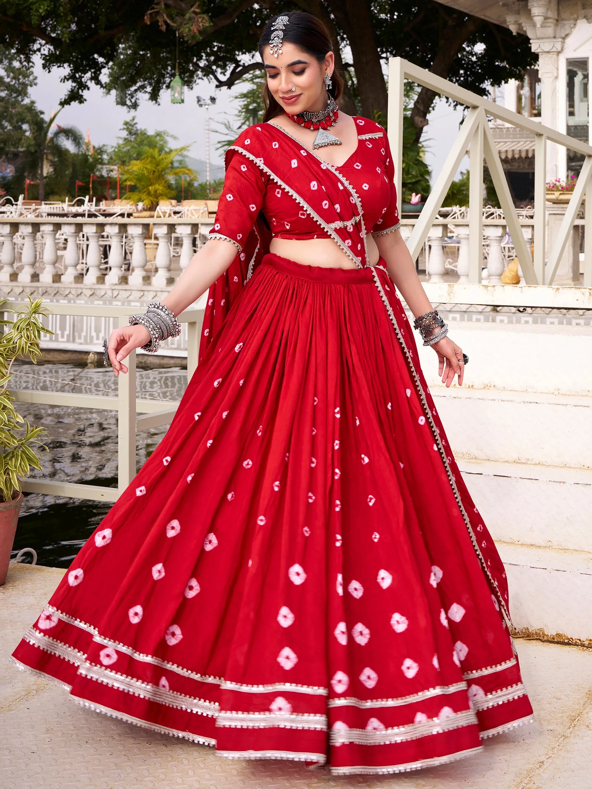 Enchanting Red Badhani Printed Chanderi  Navratri Wear Lehenga Choli