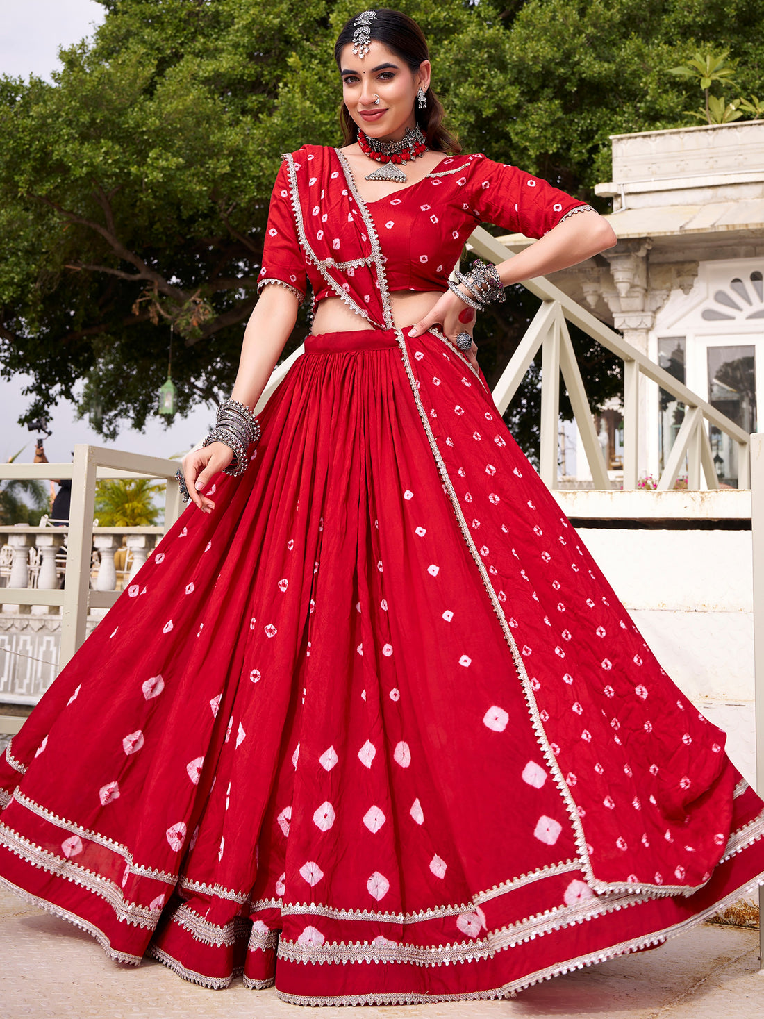 Enchanting Red Badhani Printed Chanderi  Navratri Wear Lehenga Choli