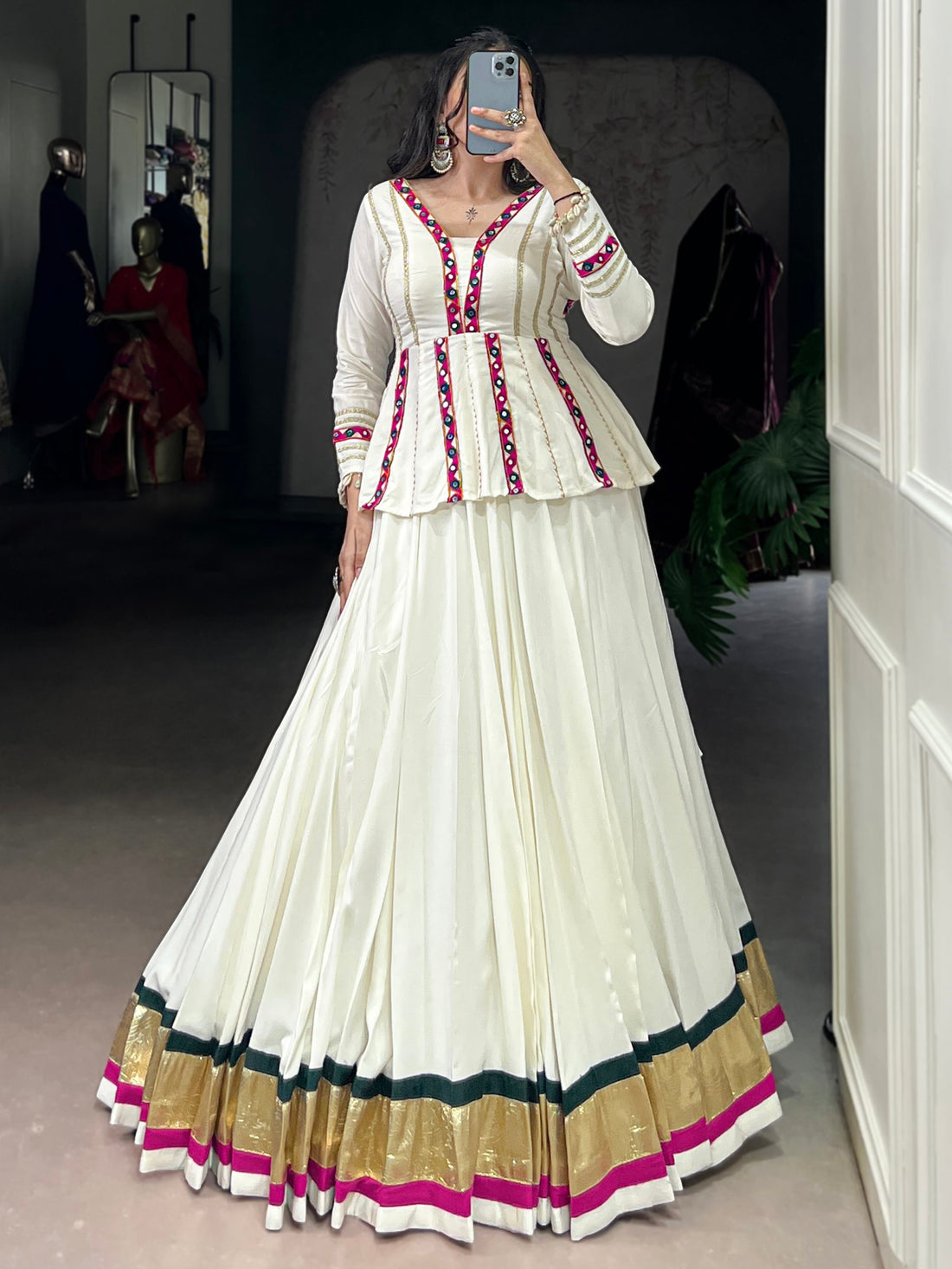 Fantabulous White Rayon Festive Special Lehenga With Gamthi Work Peplum To