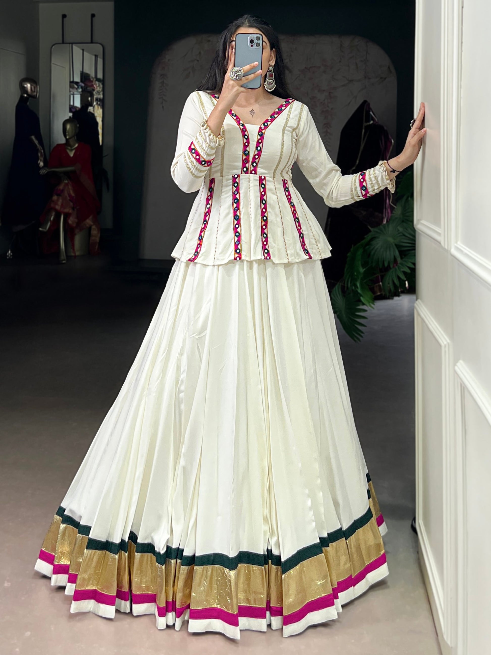 Fantabulous White Rayon Festive Special Lehenga With Gamthi Work Peplum To