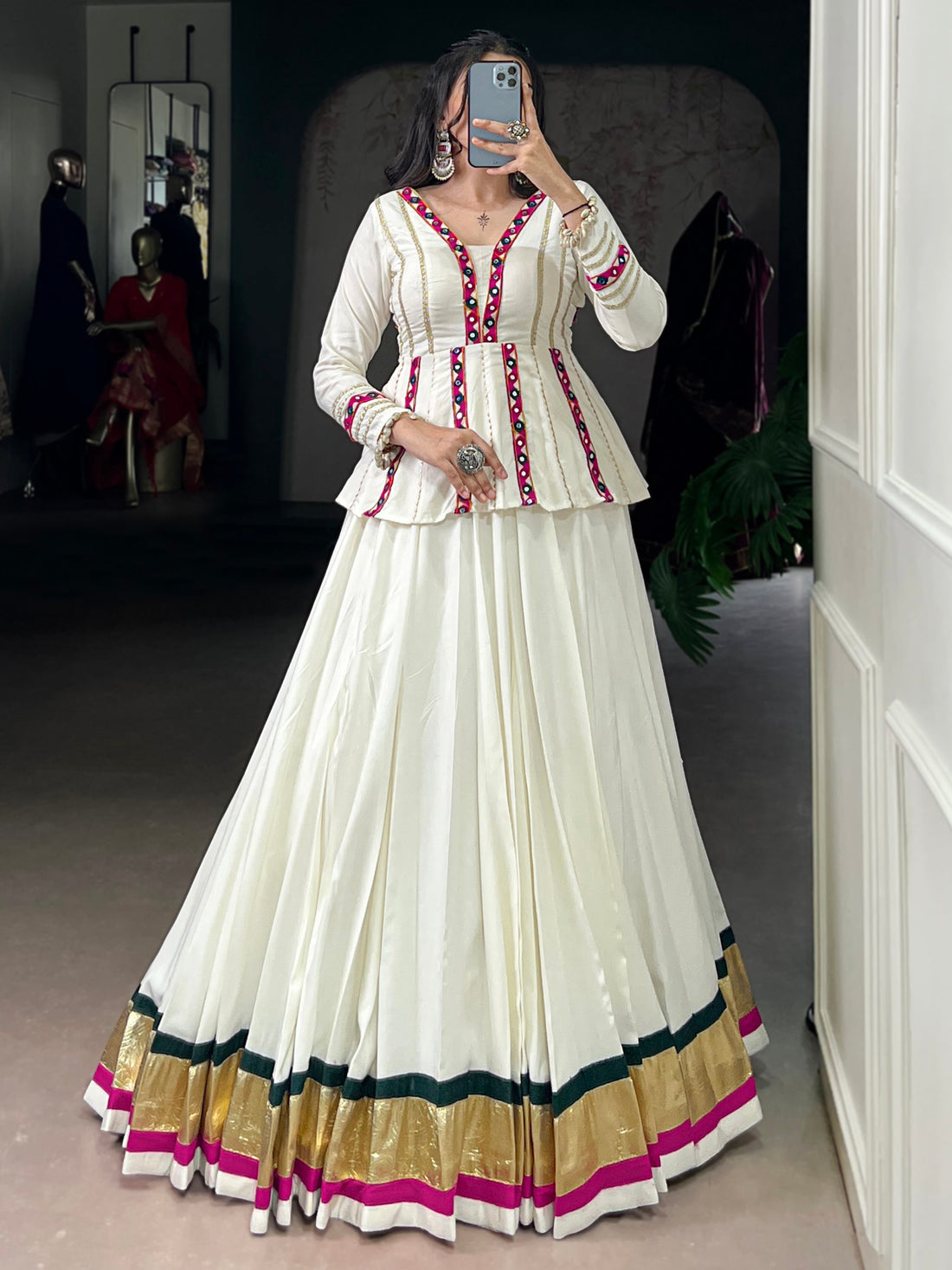 Fantabulous White Rayon Festive Special Lehenga With Gamthi Work Peplum To