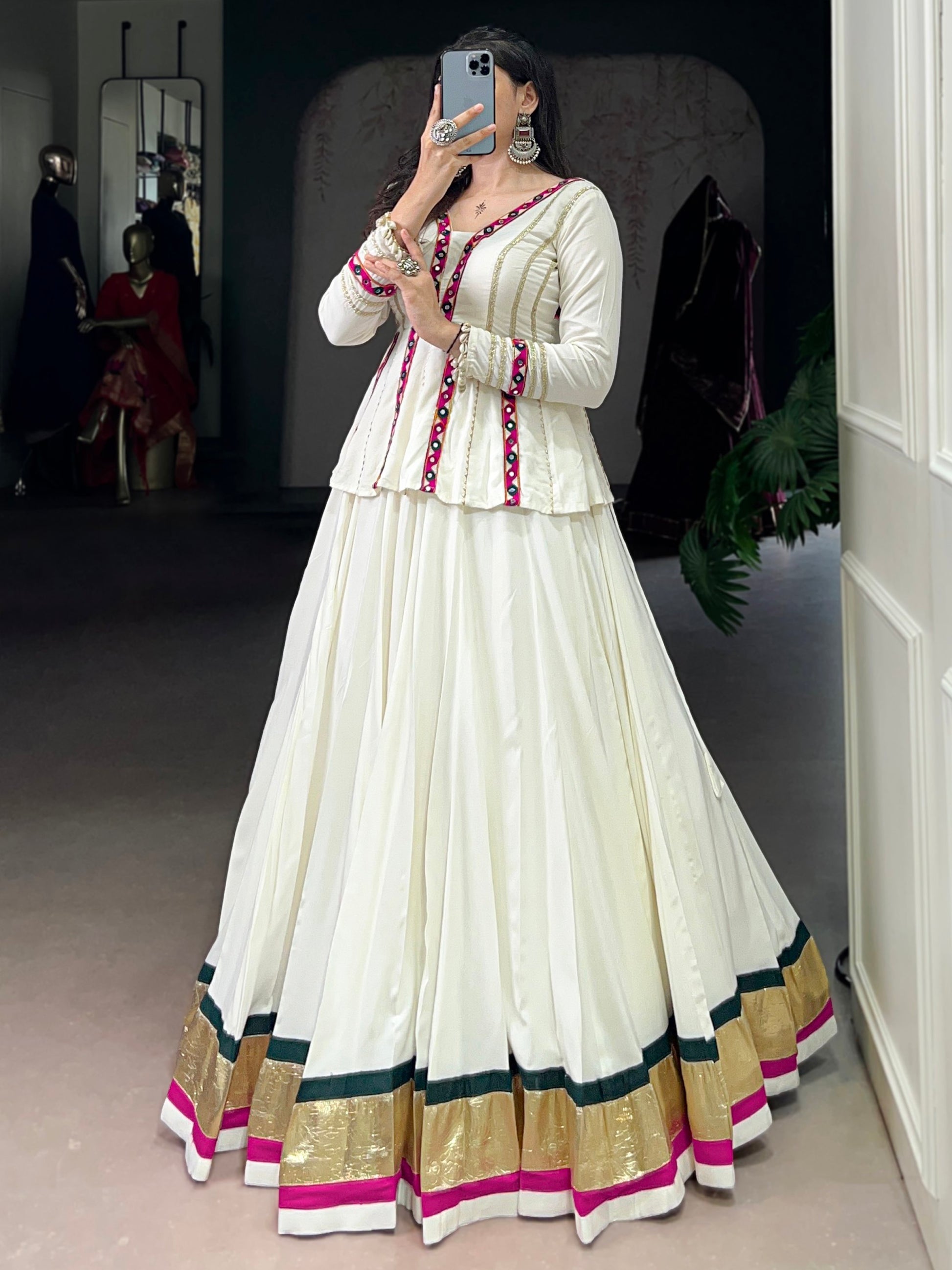 Fantabulous White Rayon Festive Special Lehenga With Gamthi Work Peplum To