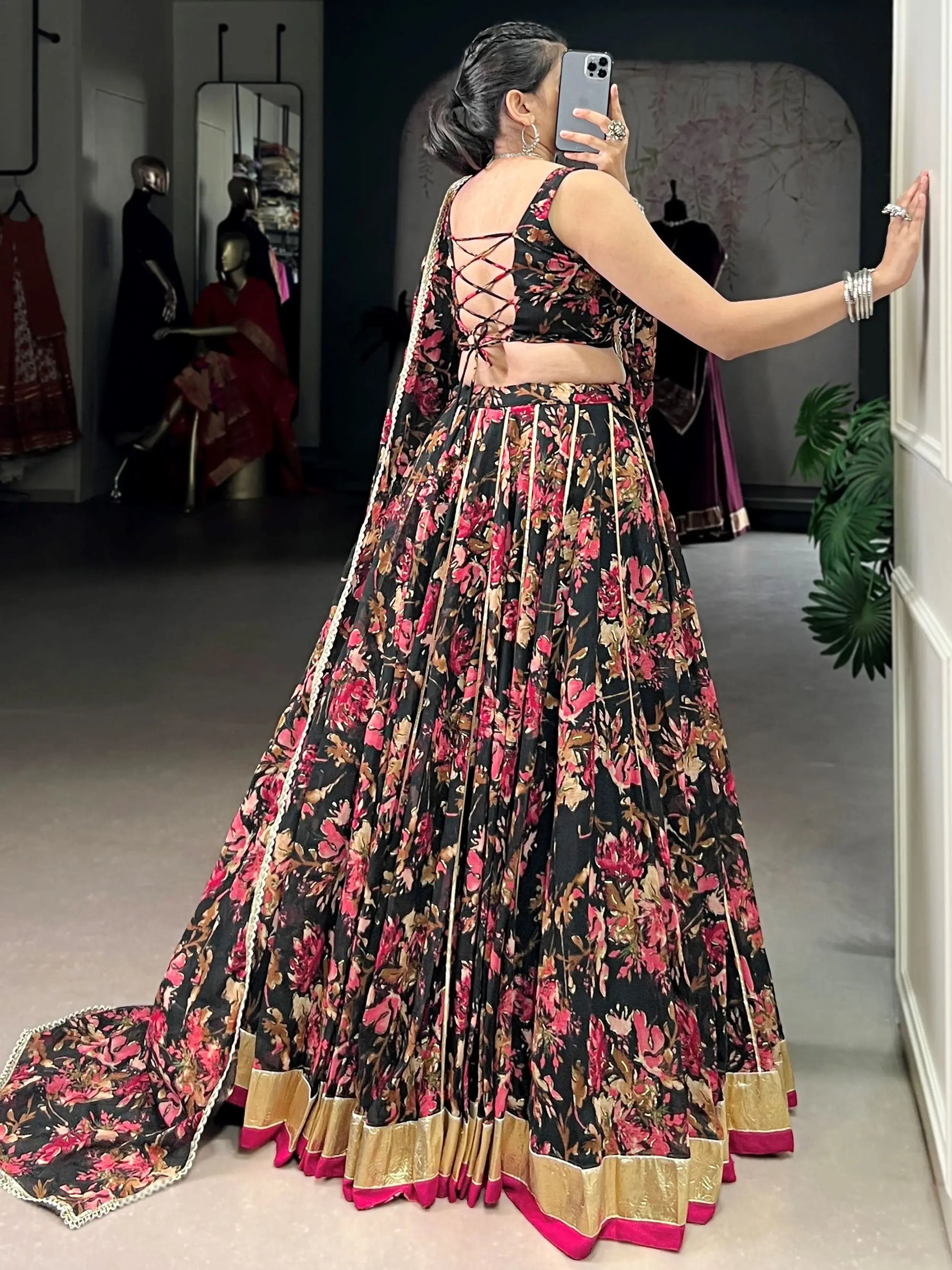 Glowing Black Foil Print Chiffon Traditional Lehenga Choli With Dupatta