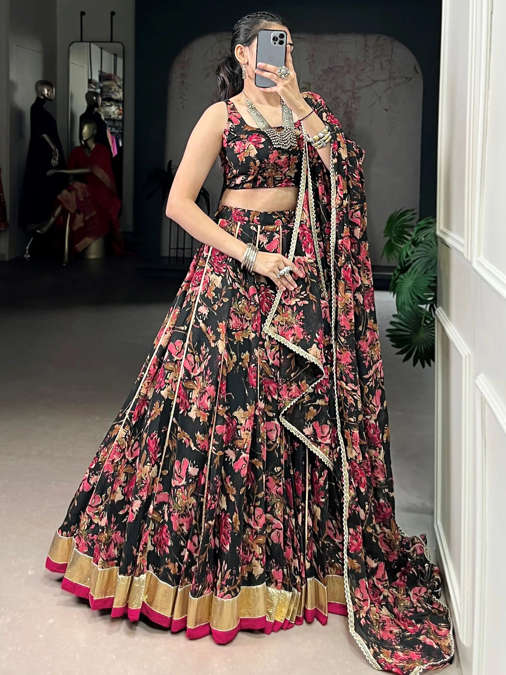 Glowing Black Foil Print Chiffon Traditional Lehenga Choli With Dupatta
