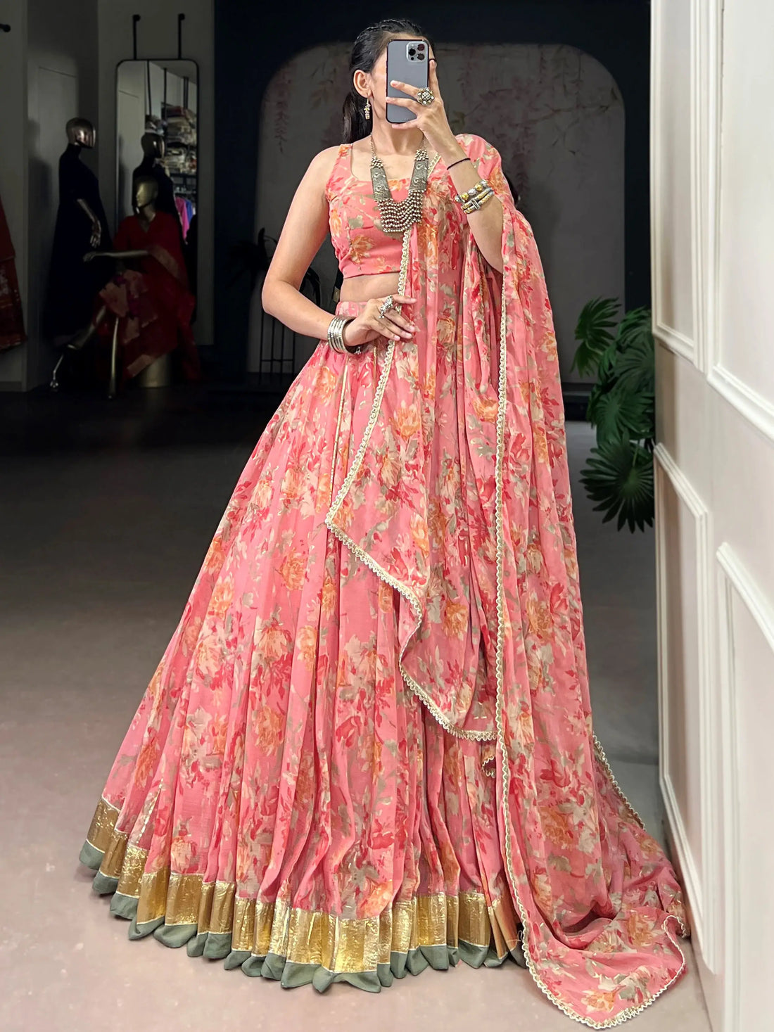 Fantastic Peach Foil Work Chiffon Bridesmaid Lehenga Choli With Dupatta